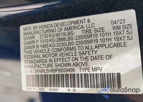 2023 Honda Odyssey Touring z USA, uszkodzony, nr VIN 5FNRL6H88PB059496